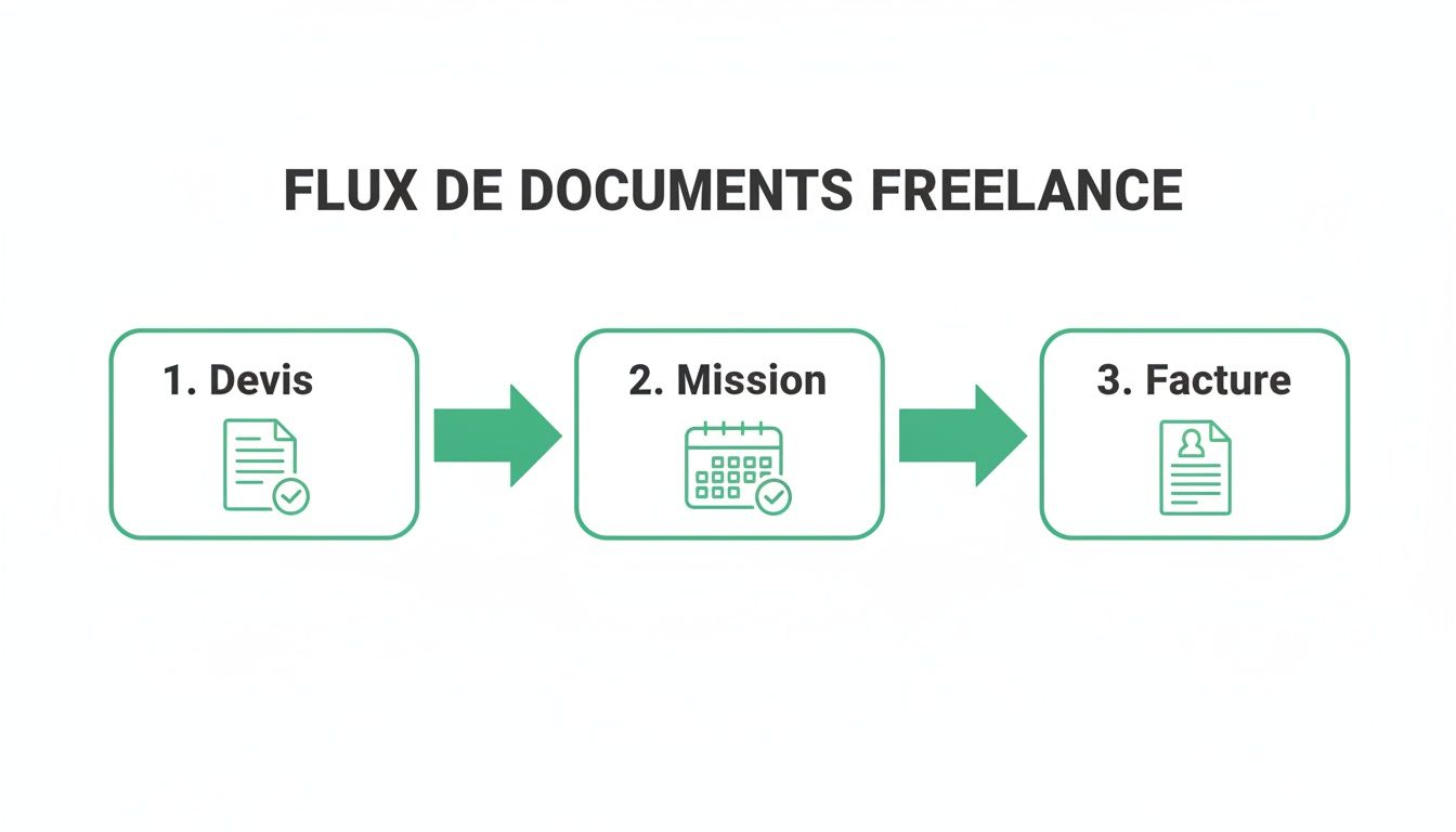 Un schéma illustrant le flux de documents pour un freelance : devis, mission et facture, un processus chronologique.
