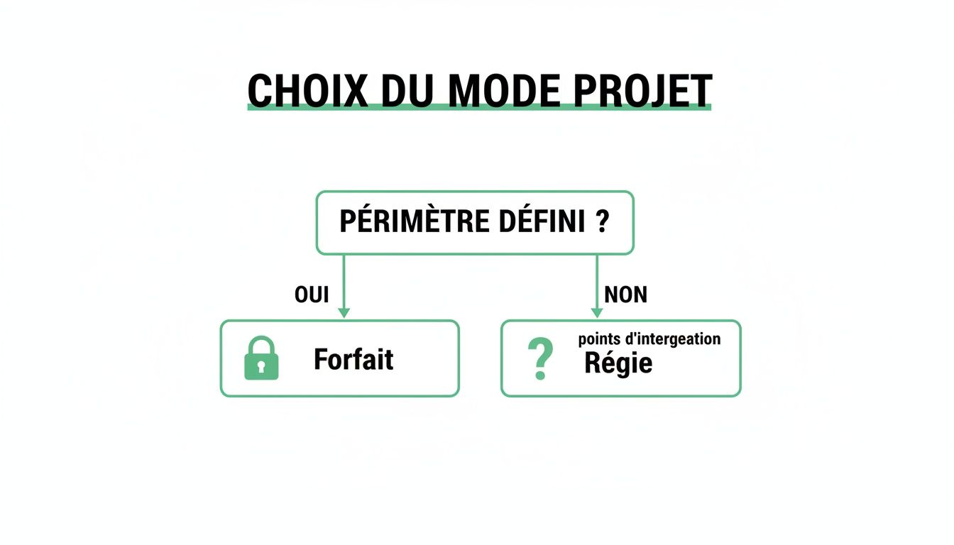 Schéma de décision pour le choix du mode projet : forfait (périmètre défini) ou régie (périmètre non défini).
