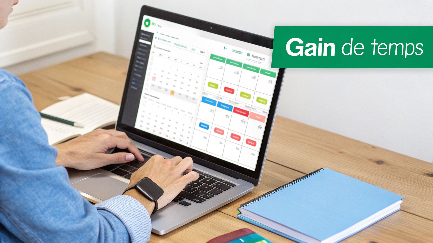 Personne travaillant sur un ordinateur portable affichant un calendrier de planification, avec la mention « Gain de temps ».
