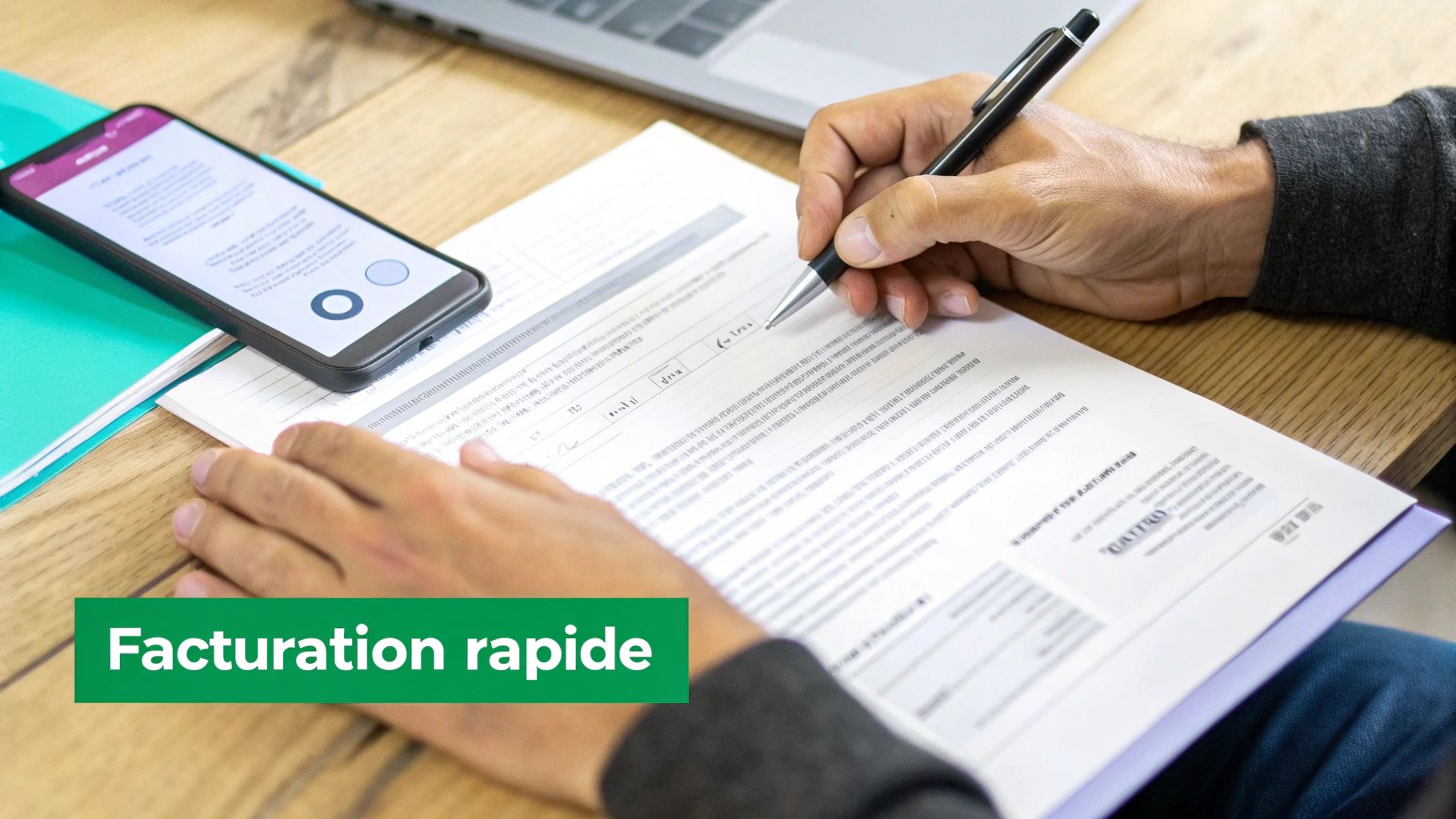 Une personne remplit un document avec un stylo, un smartphone et un ordinateur portable à proximité. Le texte "Facturation rapide" est visible.