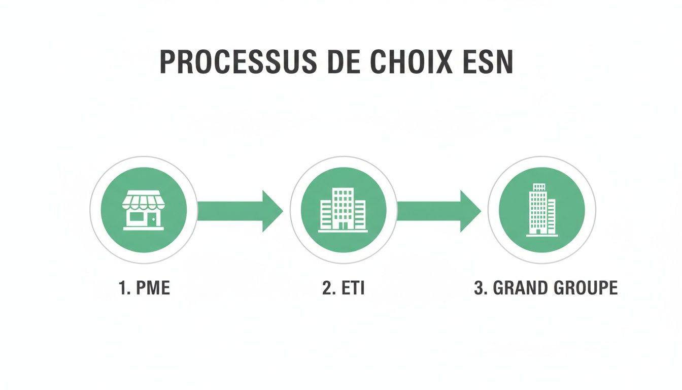 Infographie montrant le processus de choix d'ESN selon la taille de l'entreprise : PME, ETI, Grand Groupe.