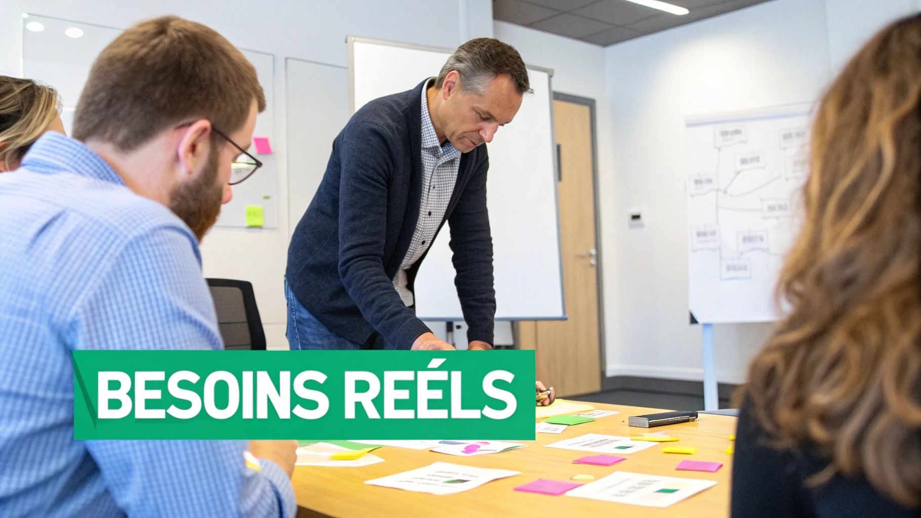 Des professionnels collaborent autour d'une table, avec des post-it, lors d'une réunion de travail.