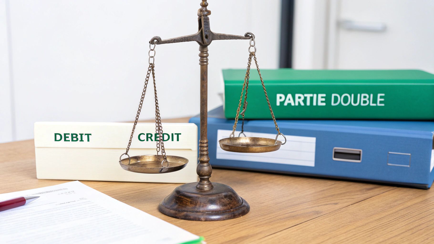 Balance de justice avec les mots 'DEBIT' et 'CREDIT', et un classeur 'PARTIE DOUBLE', symbolisant la comptabilité.