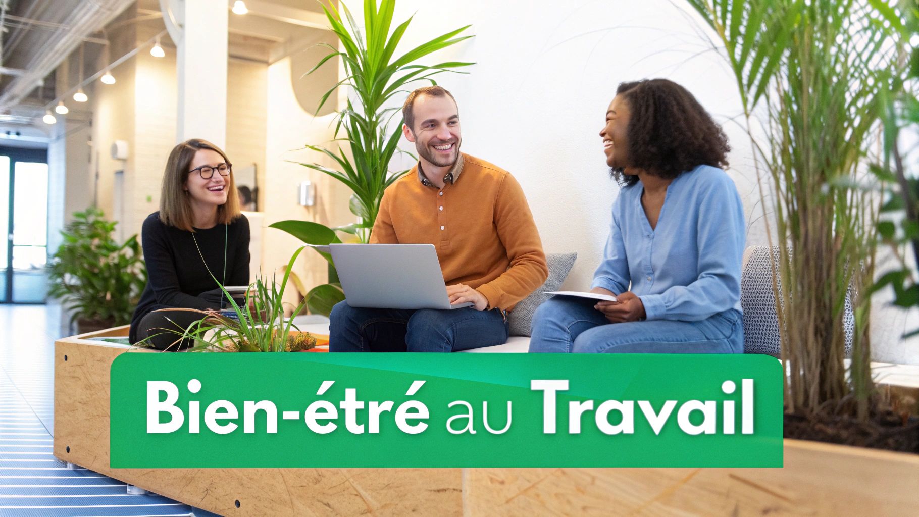 Trois collègues souriants collaborent dans un espace de travail moderne et verdoyant, promouvant le bien-être au travail.