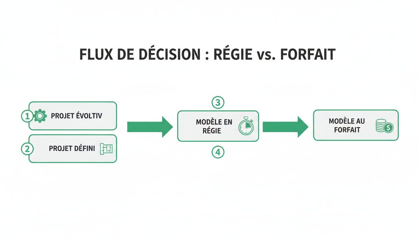 Diagramme de flux de décision comparant les modèles de projet en régie et au forfait, pour les projets évolutifs ou définis.