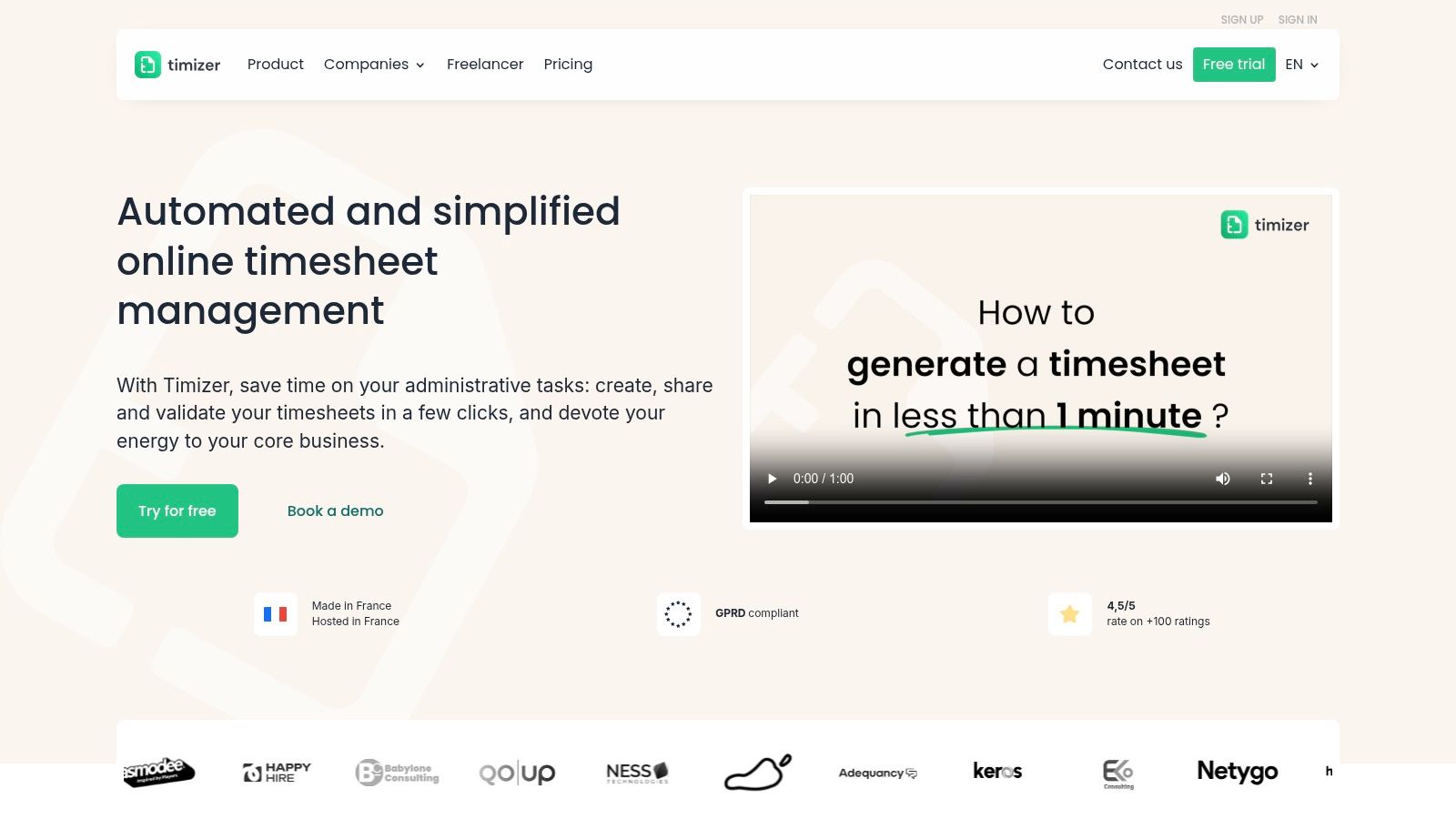 Interface de Timizer montrant un tableau de bord pour la gestion des temps et des activités.