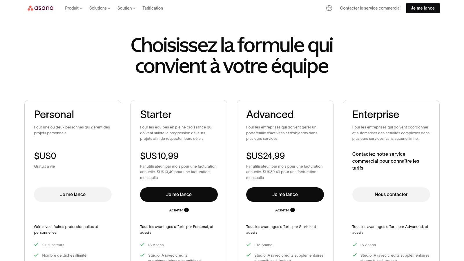 Tarifs et fonctionnalités d'Asana