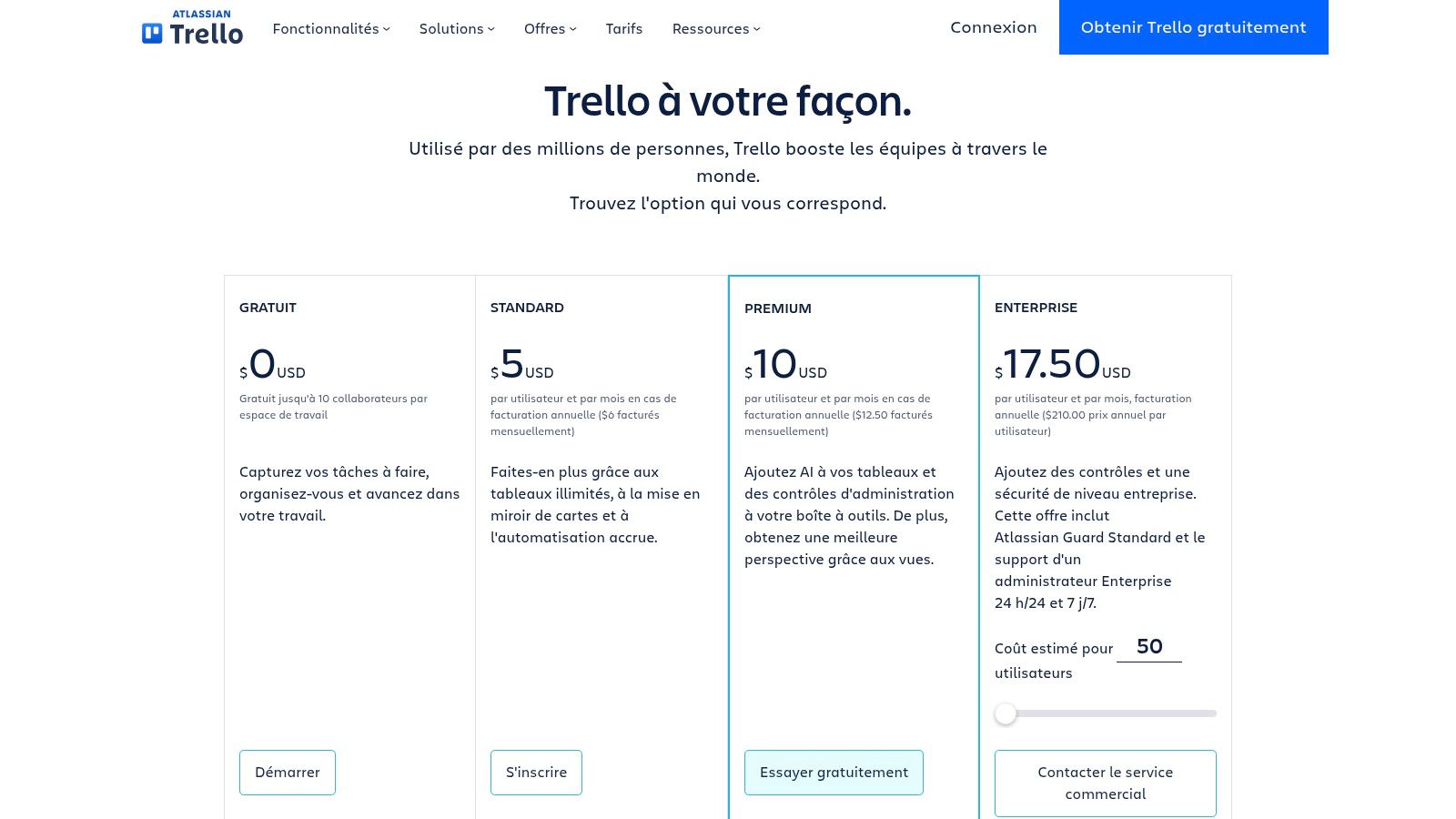 Tableaux de prix pour les outils de productivité Trello