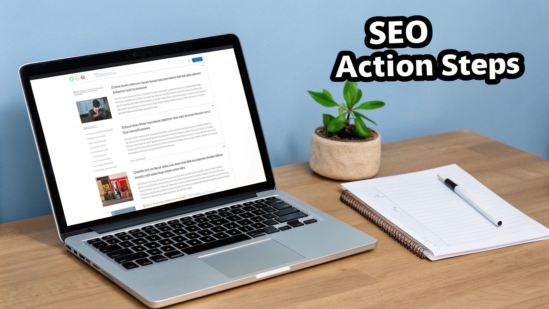 Laptop displaying 'SEO Action Steps' on a screen, with a plant, notebook, and pen on a wooden desk.