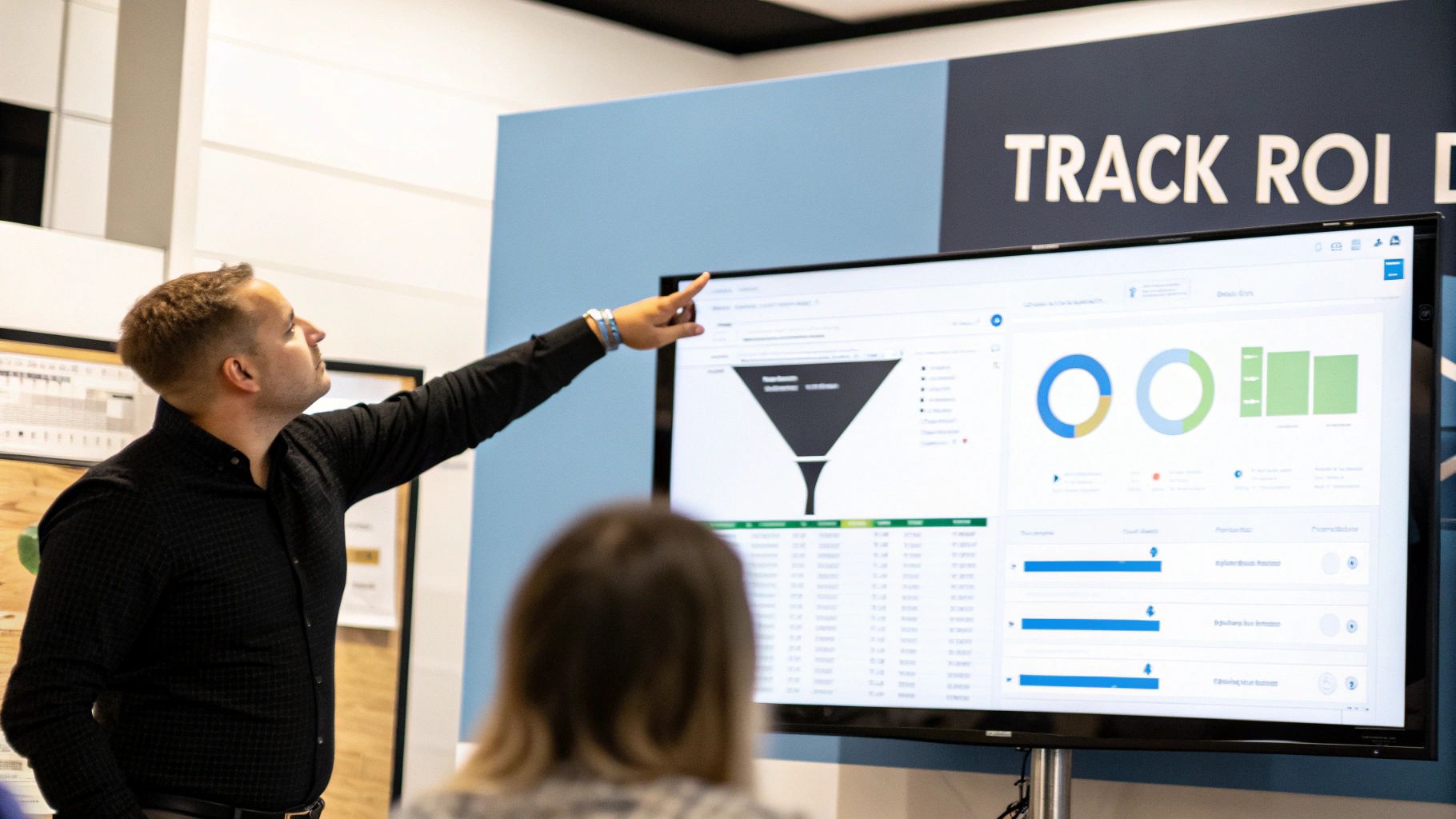 A man presenting data on a large monitor with charts and graphs to a blurred audience.