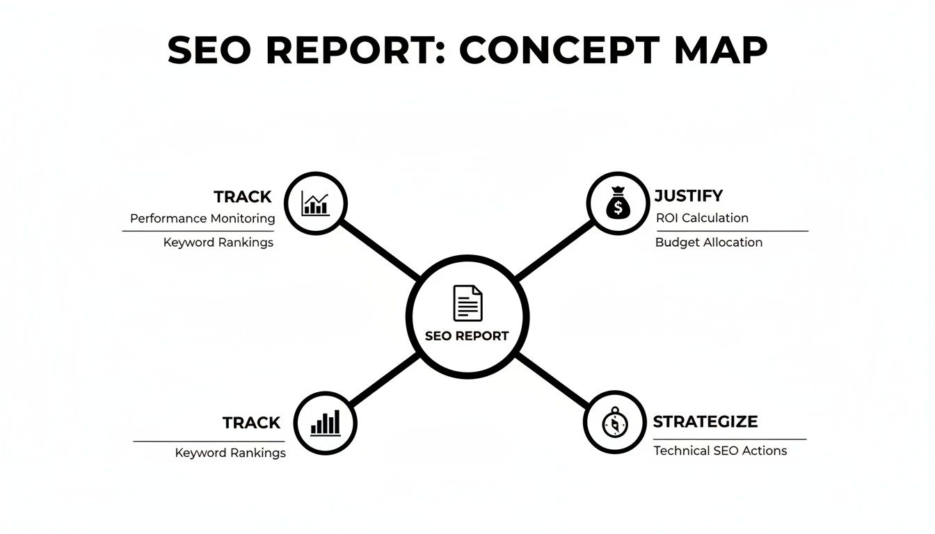 SEO Report concept map outlining tracking, justification, and strategizing for performance and rankings.