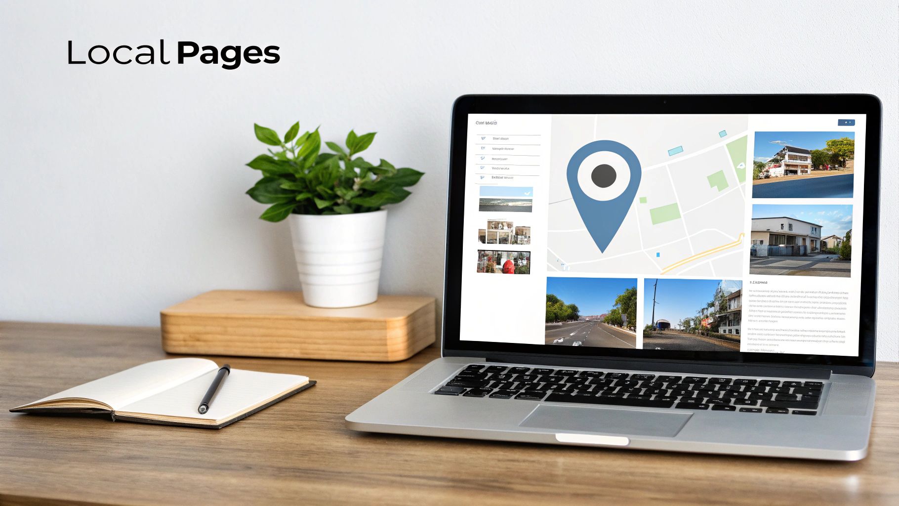 A laptop on a desk displaying 'Local Pages' with a map, location pin, and property images. Notebook and plant nearby.
