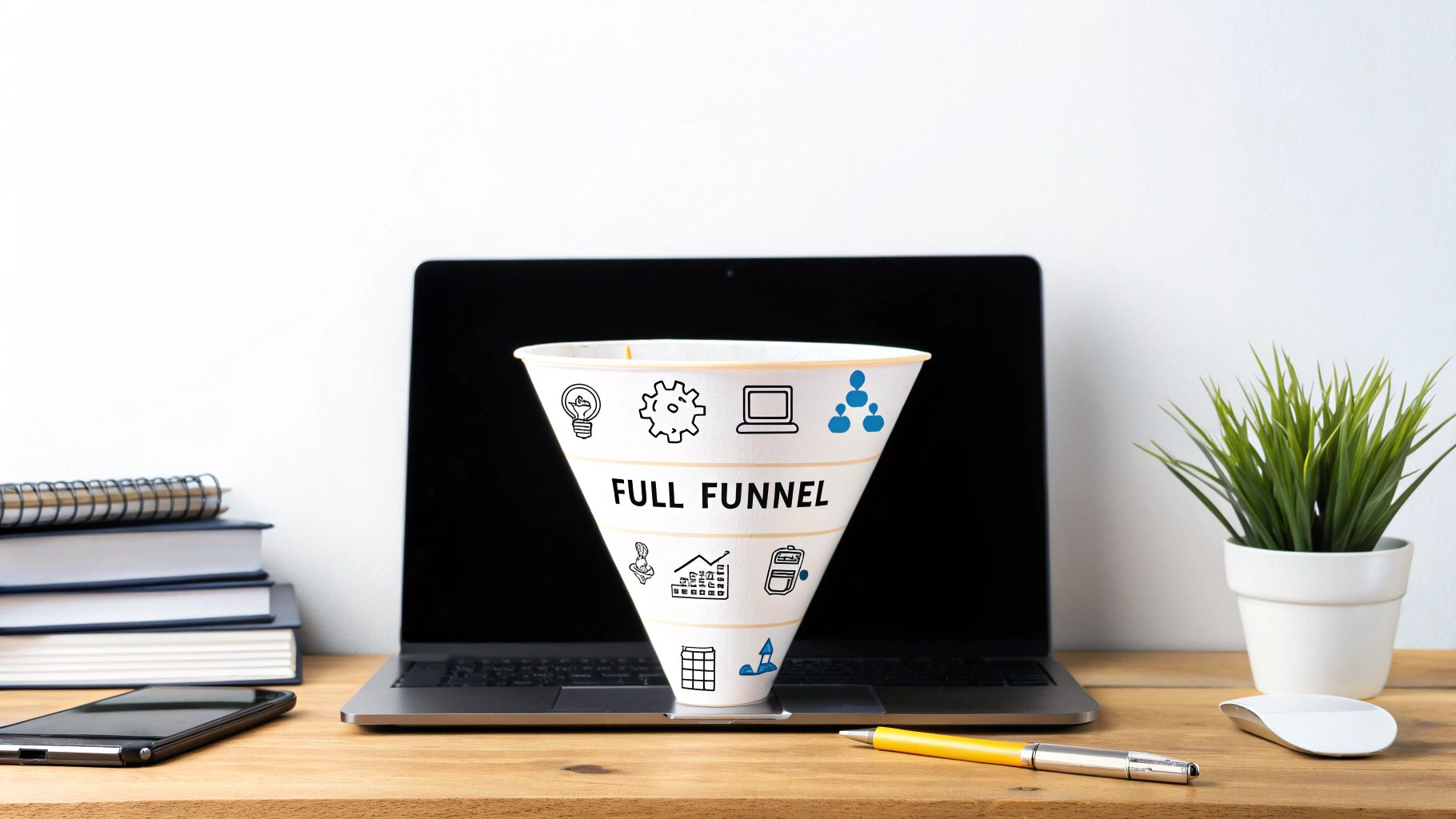A paper cone labeled 'FULL FUNNEL' with icons, resting on a laptop on a wooden desk.