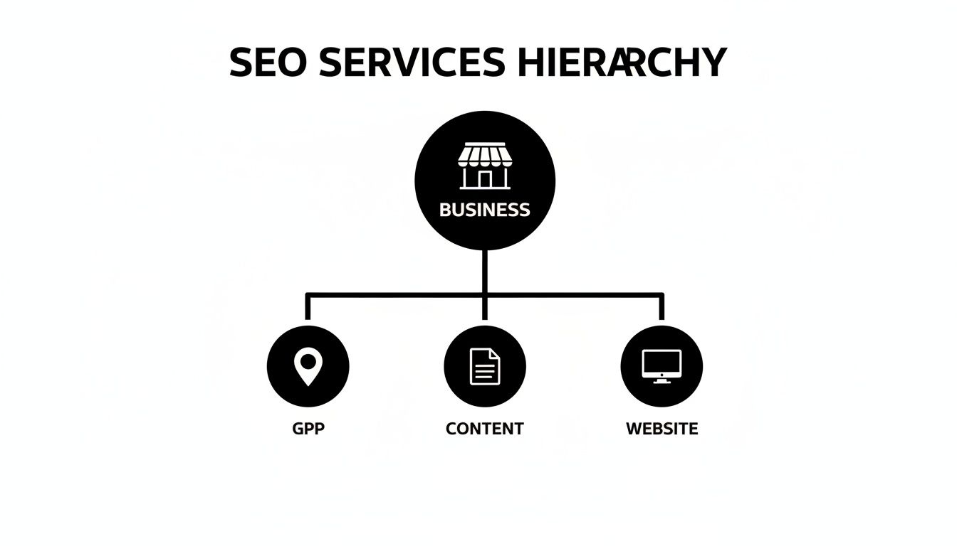 Diagram illustrating the SEO services hierarchy with business at the top, branching into GPP, content, and website.