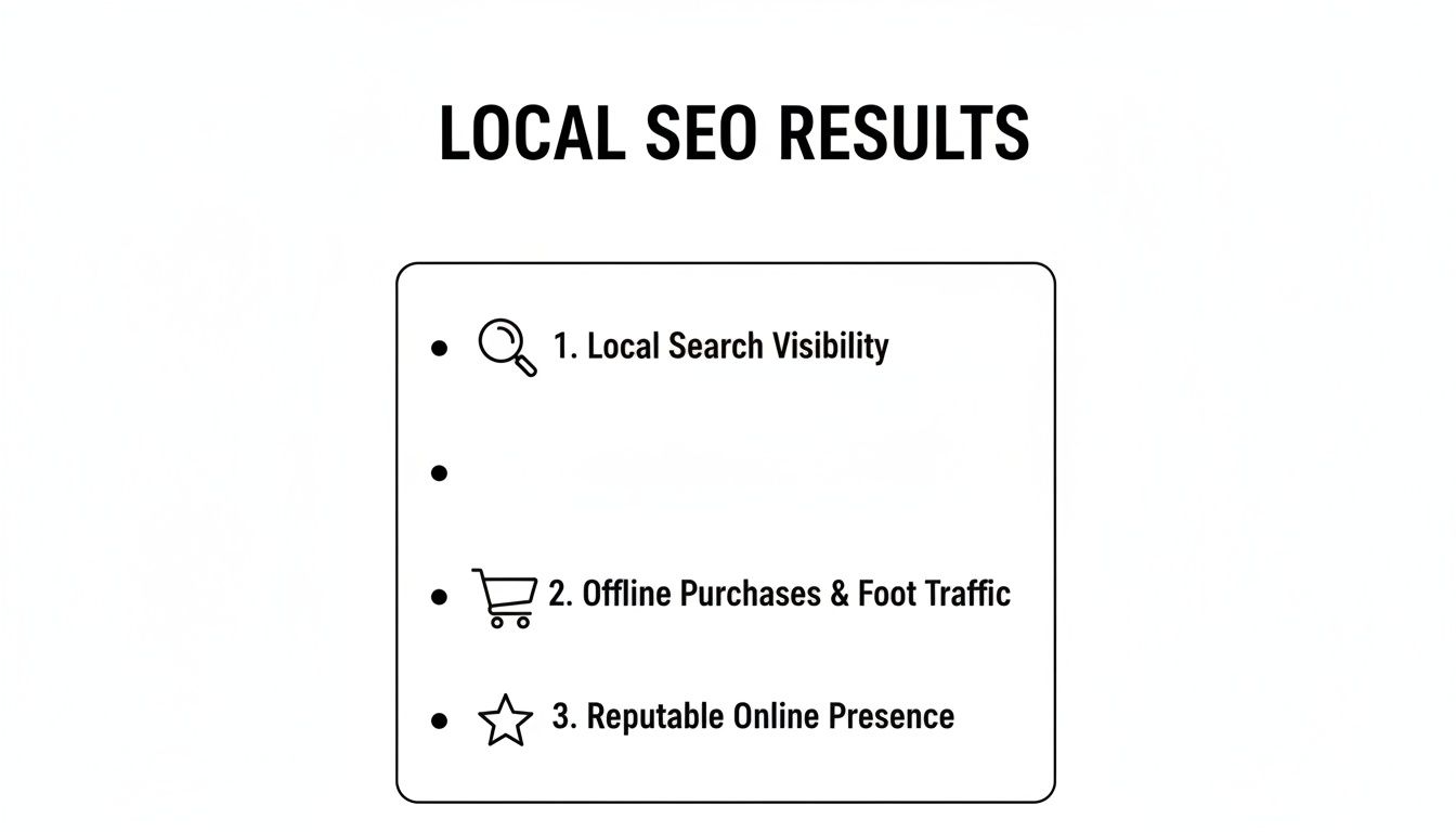 An image outlining three key results of Local SEO: search visibility, offline purchases, and online presence.