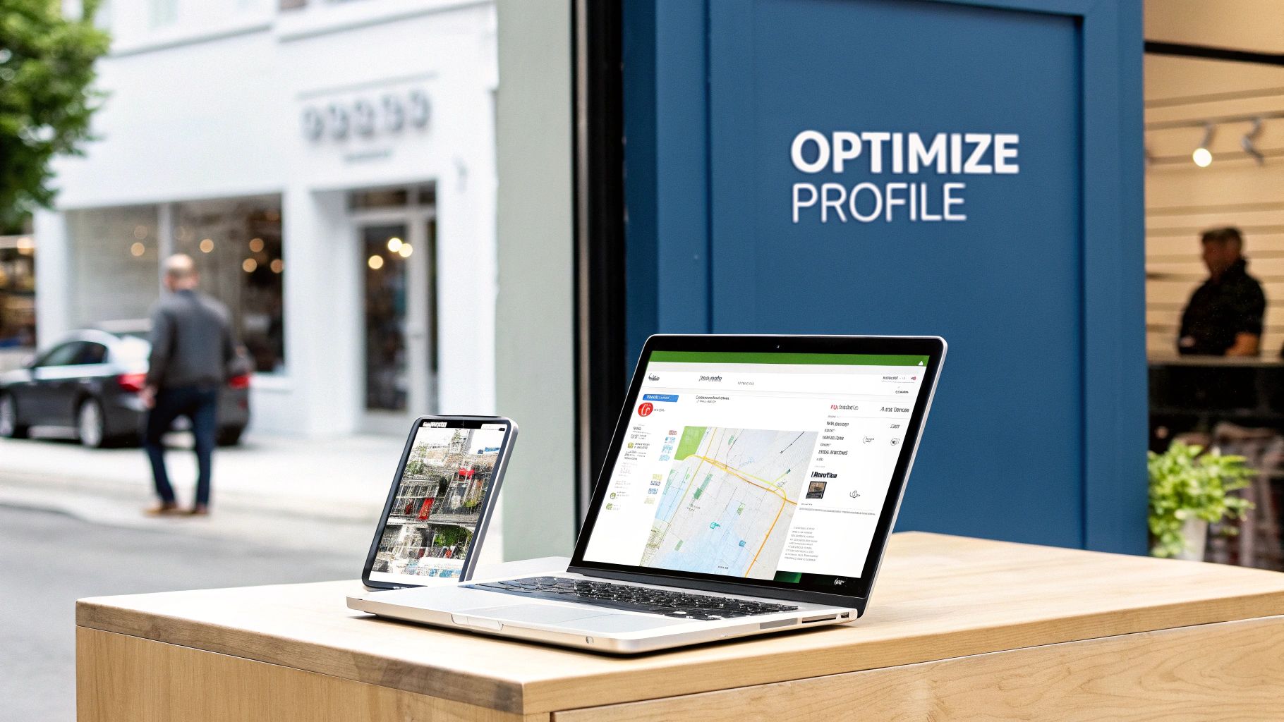 Laptop and smartphone displaying local SEO profiles on a wooden surface outside a business with 'OPTIMIZE PROFILE' sign.