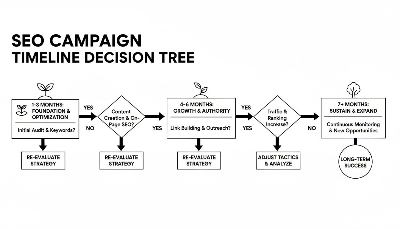 A flowchart illustrating an SEO campaign timeline, detailing phases from initial optimization to long-term success.