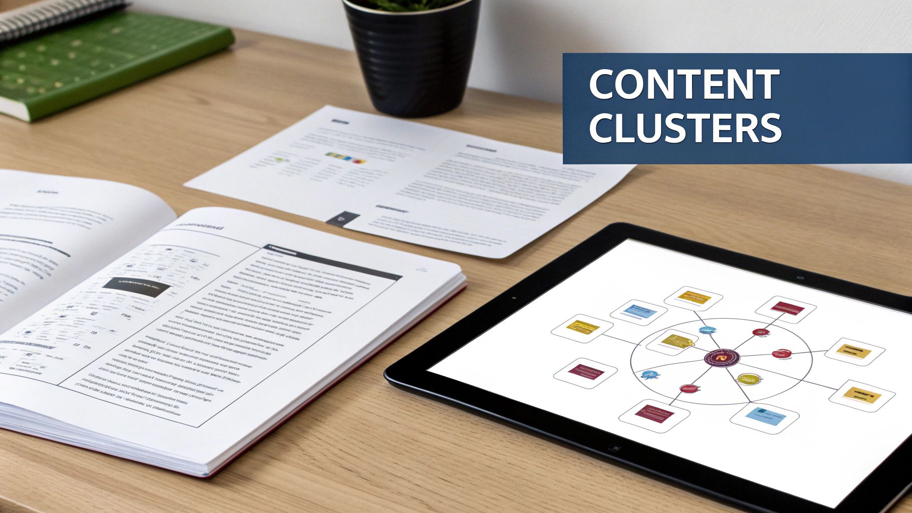 A desk with an open book, a content cluster diagram on a tablet, and a printed document.