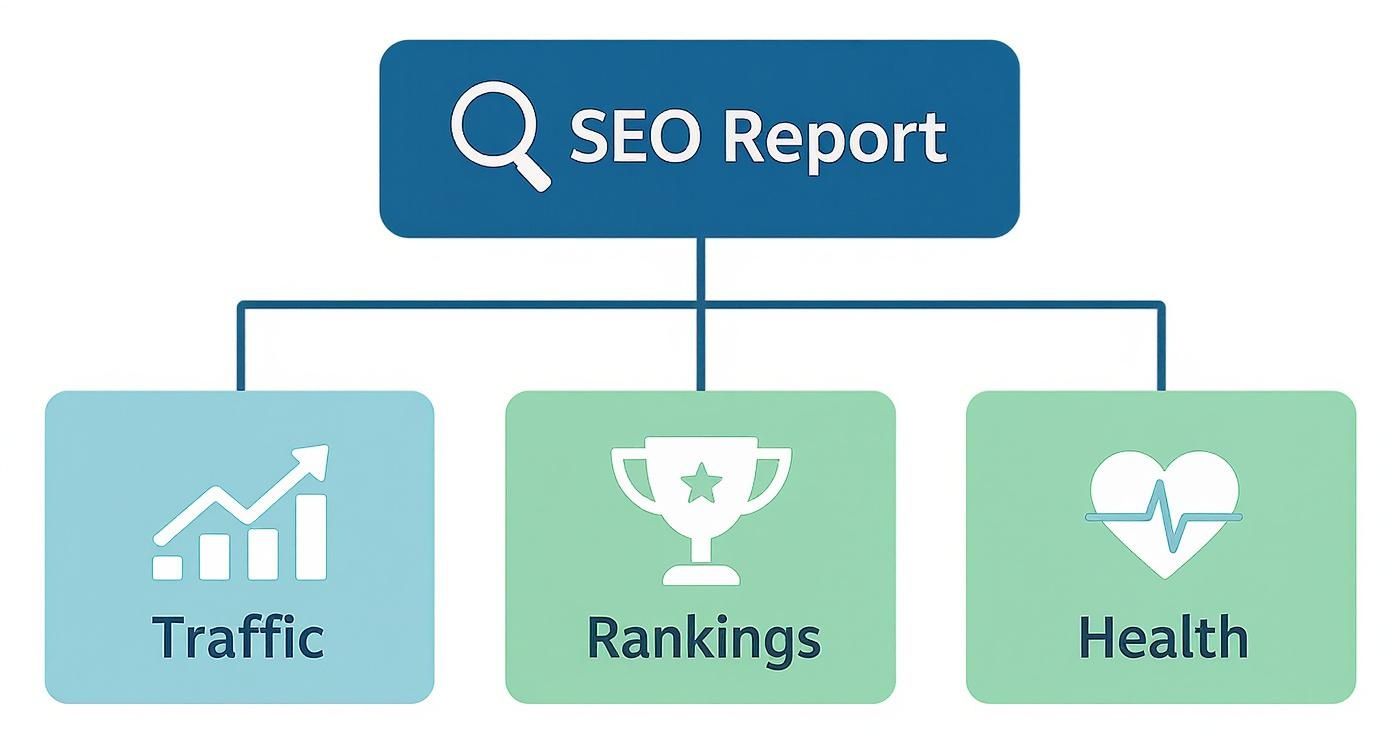 SEO report diagram showing three key components: traffic analytics, search rankings, and website health metrics