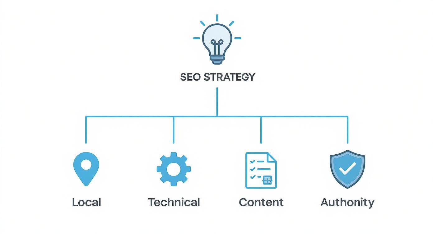 Diagram illustrating key components of an SEO strategy: Local, Technical, Content, and Authority.