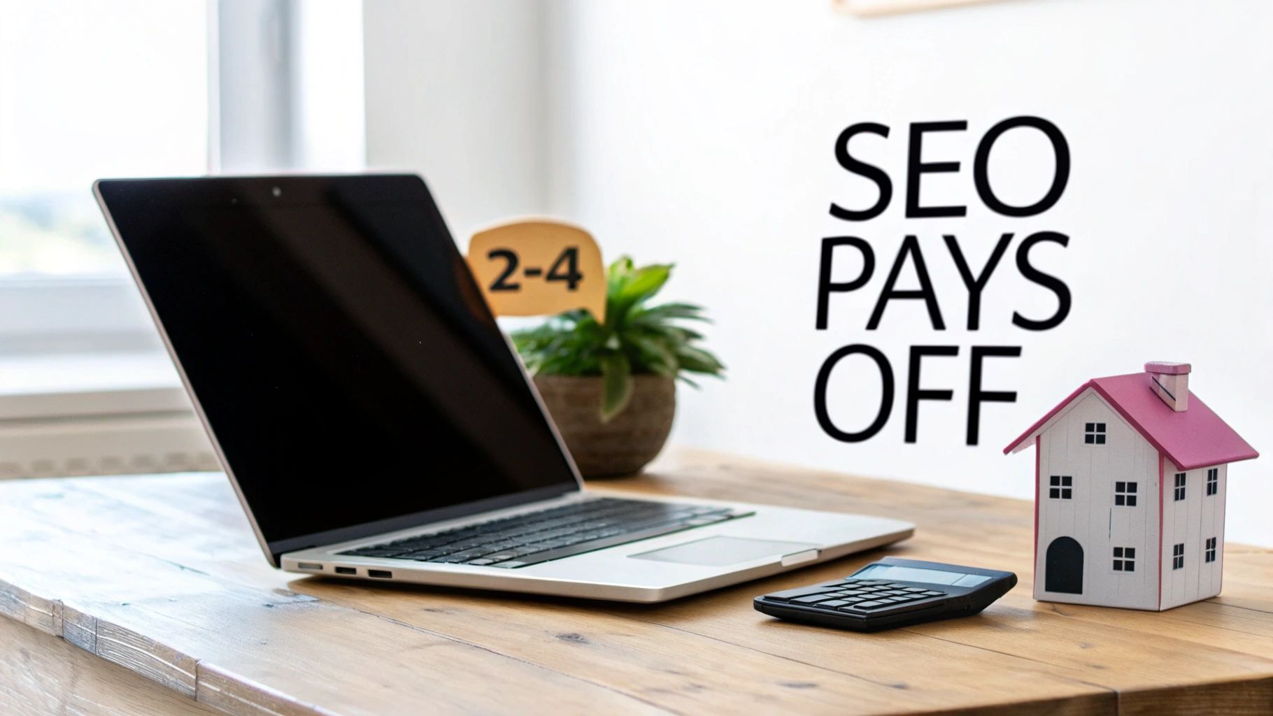 A laptop, house model, and calculator on a desk with 'SEO PAYS OFF' text on the wall.