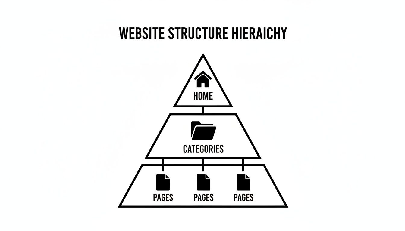 A diagram showing website structure hierarchy with Home, Categories, and Pages in a pyramid.