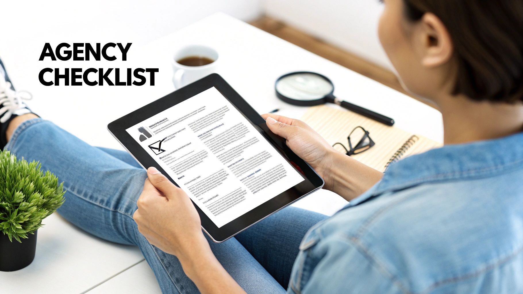 A person reviews an agency checklist on a digital tablet, sitting casually with coffee and office supplies.