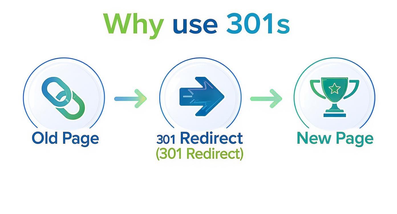 Diagram illustrating how a 301 redirect moves an old page's value to a new, optimized page.