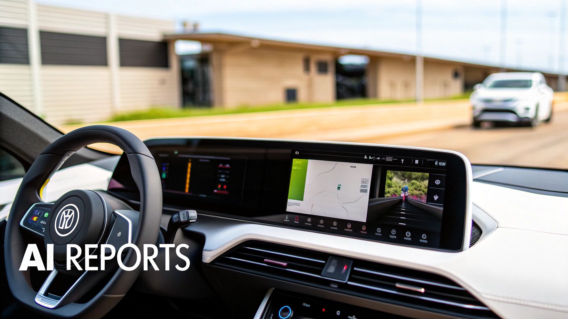 Modern car interior showing digital dashboard with navigation, camera feed, steering wheel, and 'AI REPORTS' text.