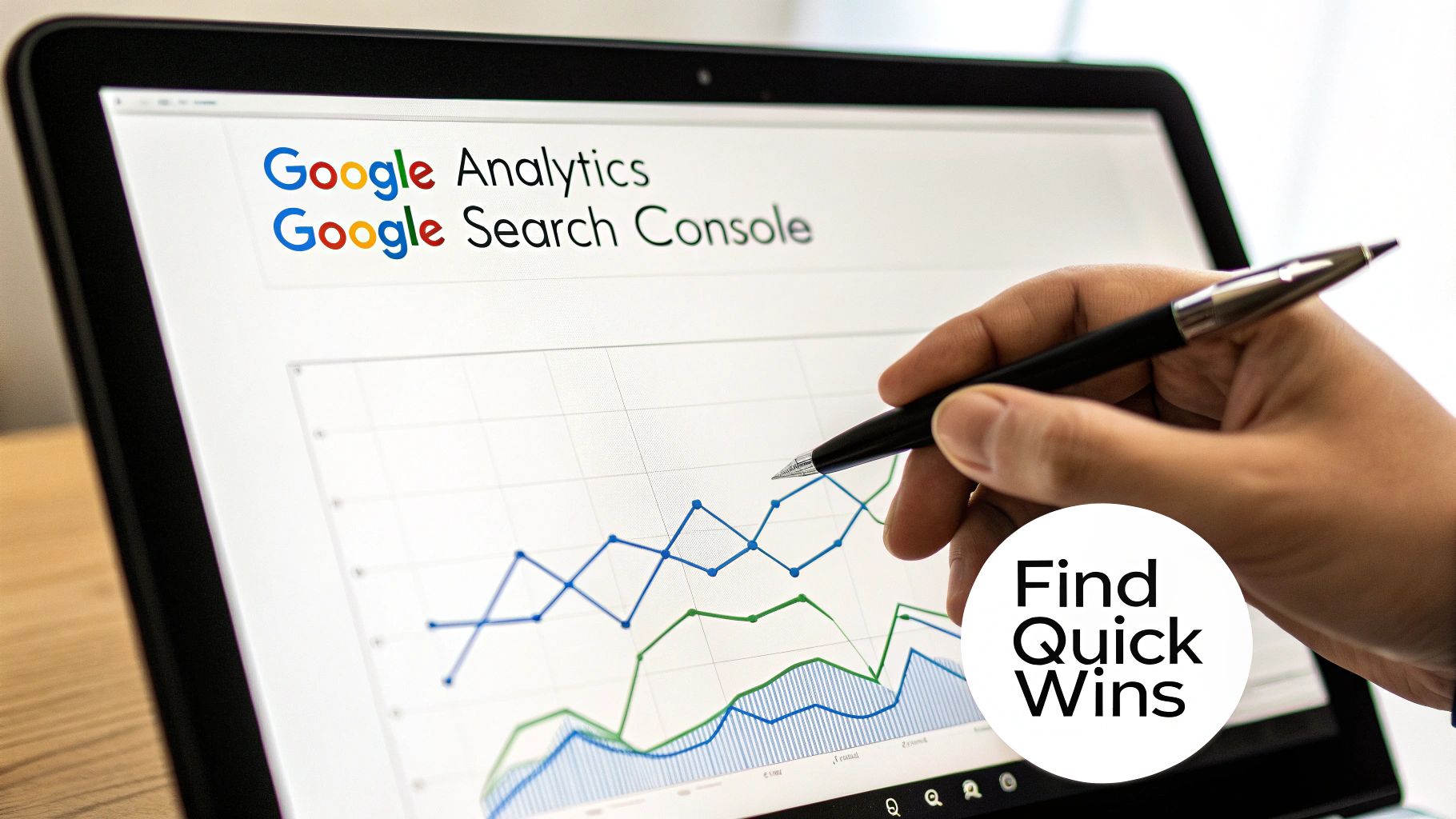 Hand pointing at a laptop screen showing Google Analytics and Search Console data graphs, highlighting 'Find Quick Wins'.