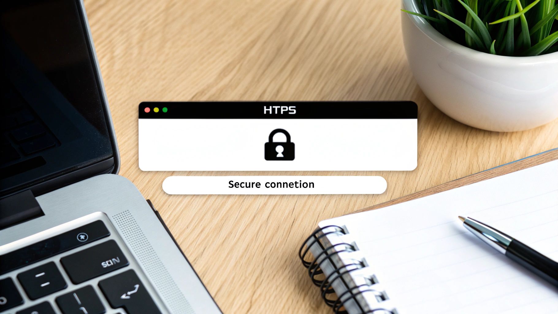 A laptop and notebook on a wooden desk with a graphic showing HTTPS secure connection and a padlock icon.