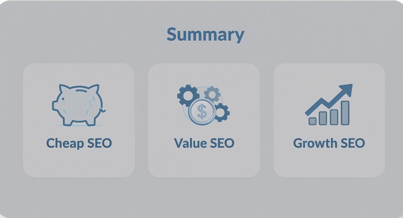 An infographic summarizing three types of SEO strategies: cheap, value, and growth, each with an icon.