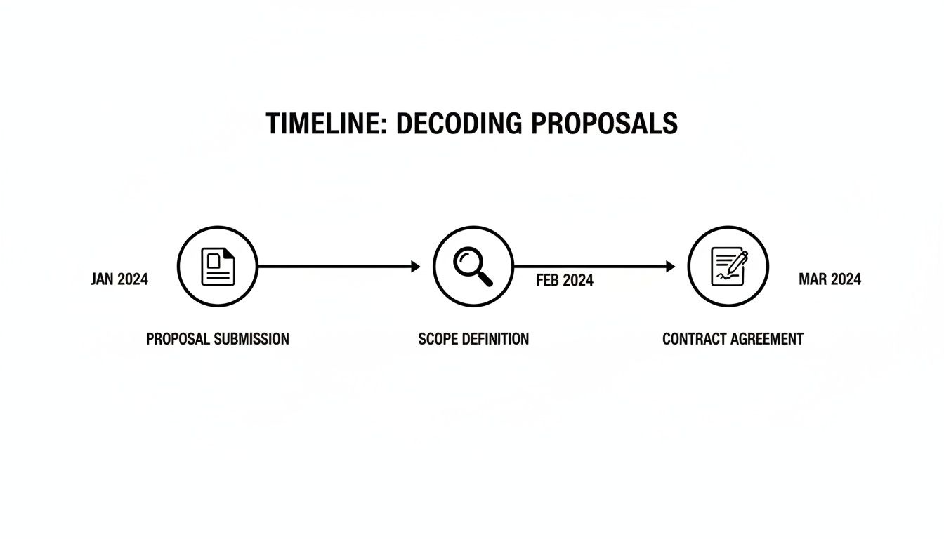 A timeline illustrating the proposal decoding process from January to March 2024, including submission, scope definition, and contract agreement.