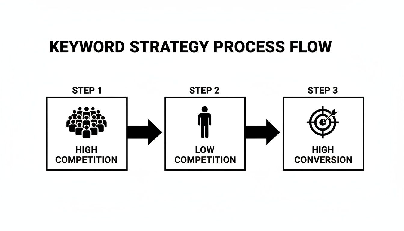 A keyword strategy process flow diagram showing steps from high competition to high conversion.