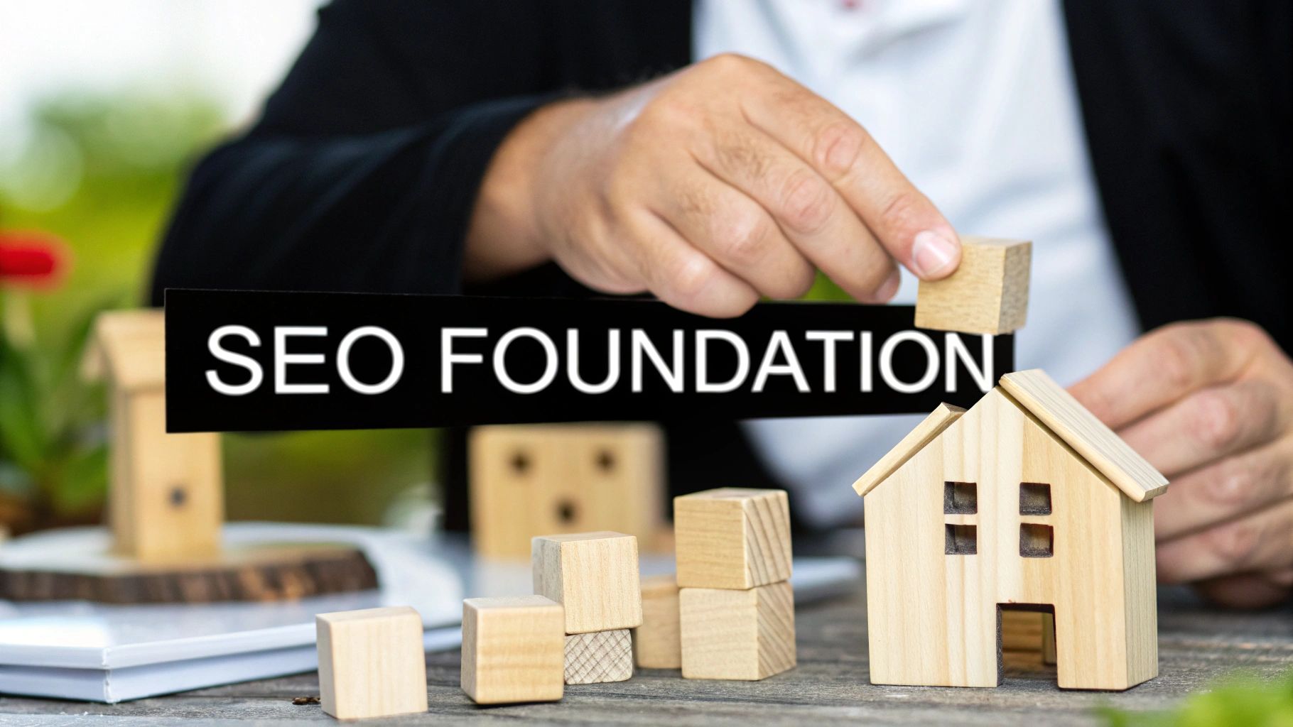 A person builds with wooden blocks and miniature houses, highlighting the 'SEO FOUNDATION'.