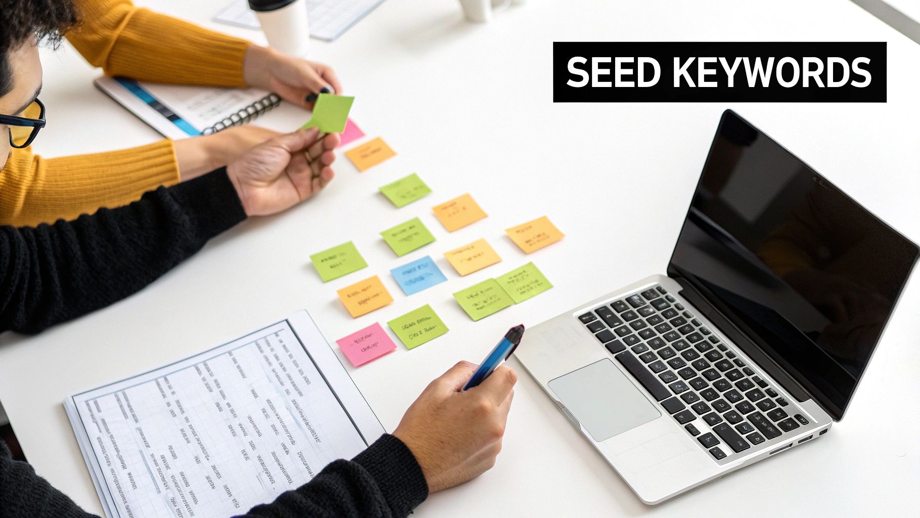 Team members brainstorming 'seed keywords' using colorful sticky notes, a laptop, and a document.
