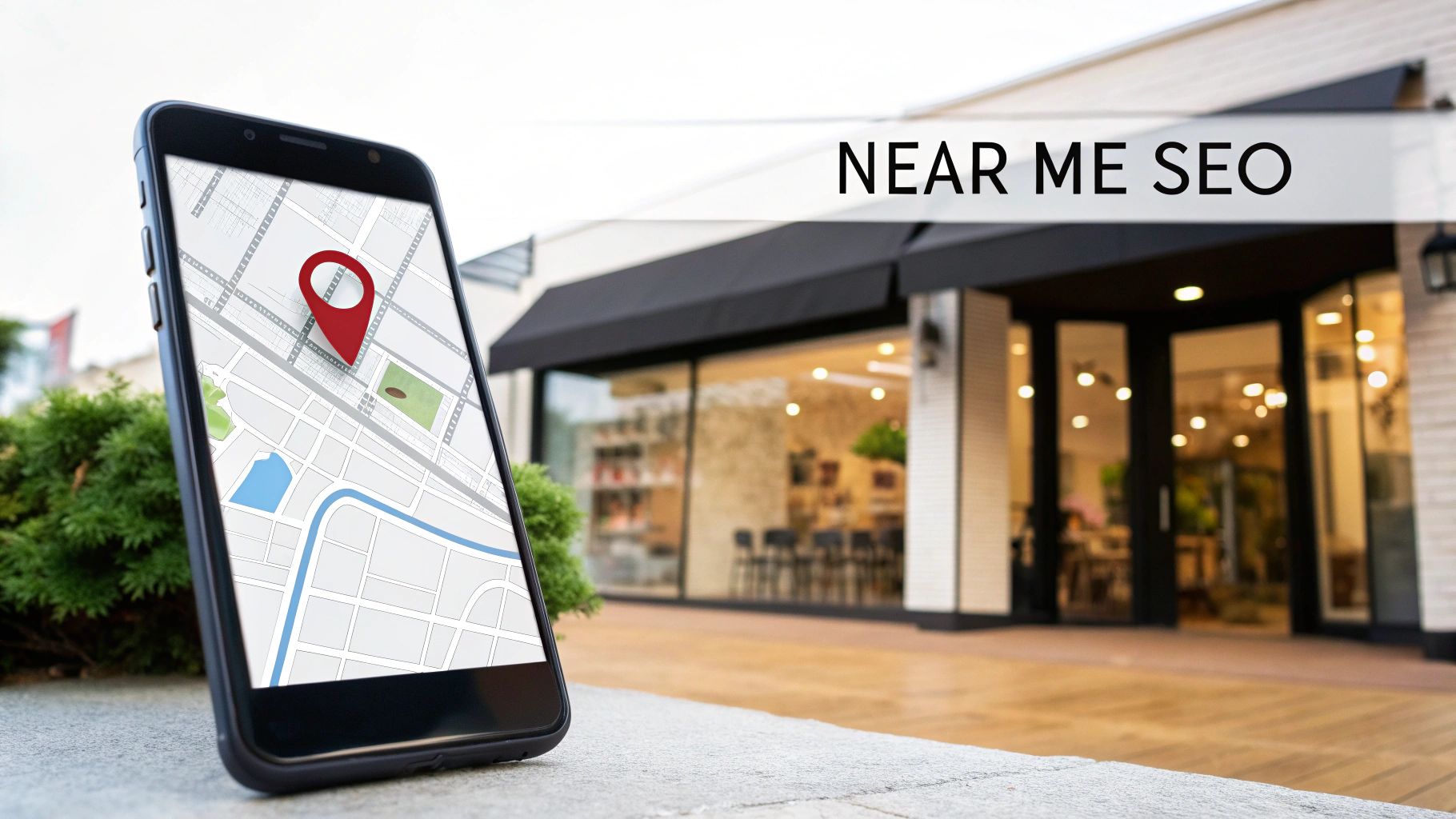 A smartphone shows a map with a red location pin, near a modern store and 'NEAR ME SEO' text.
