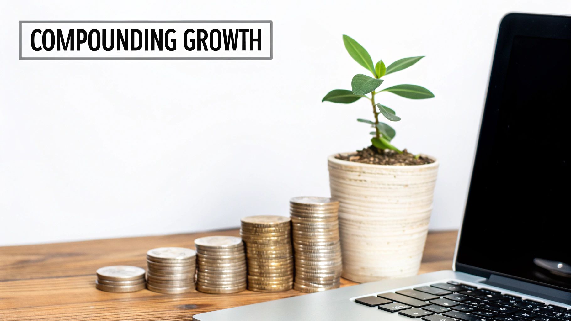 Stacked coins, a growing plant, and a laptop illustrate the concept of compounding growth.