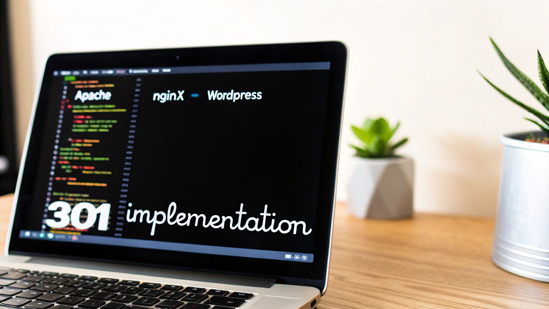 A laptop screen displays server technologies Apache, Nginx, WordPress, and 301 redirect implementation details.