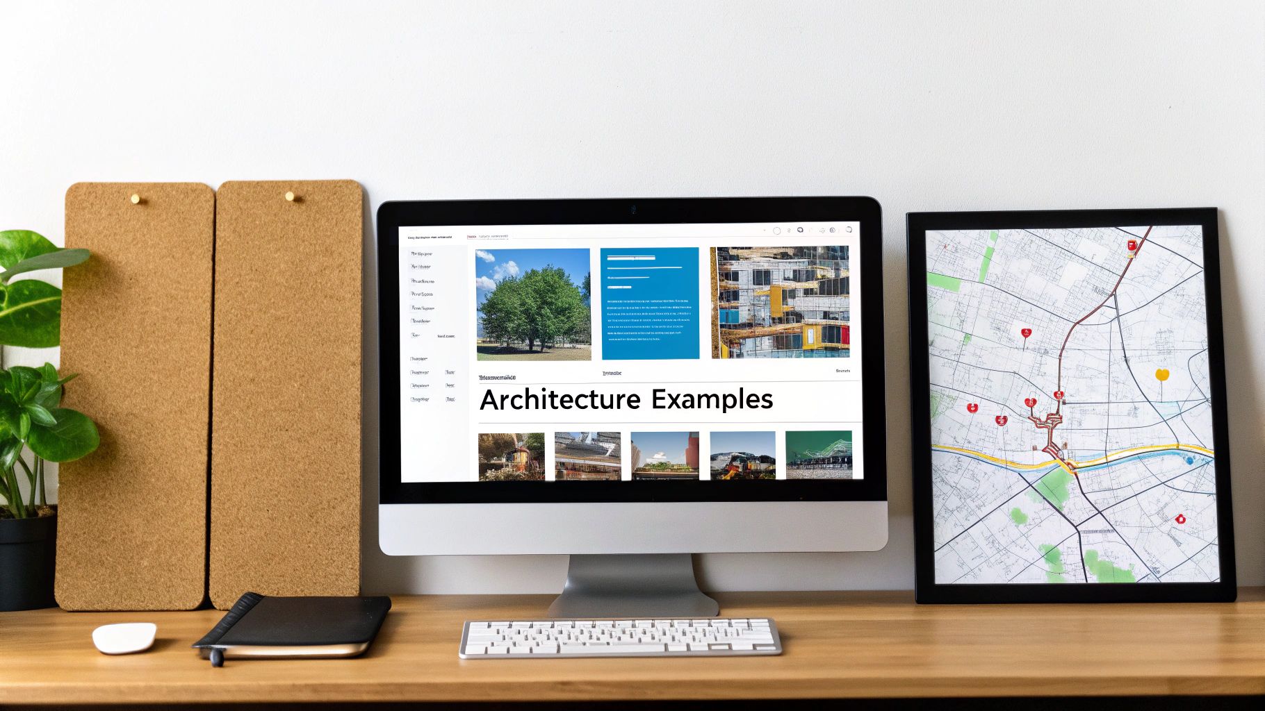 A modern workspace with a computer displaying architectural examples, a framed map, and plants.