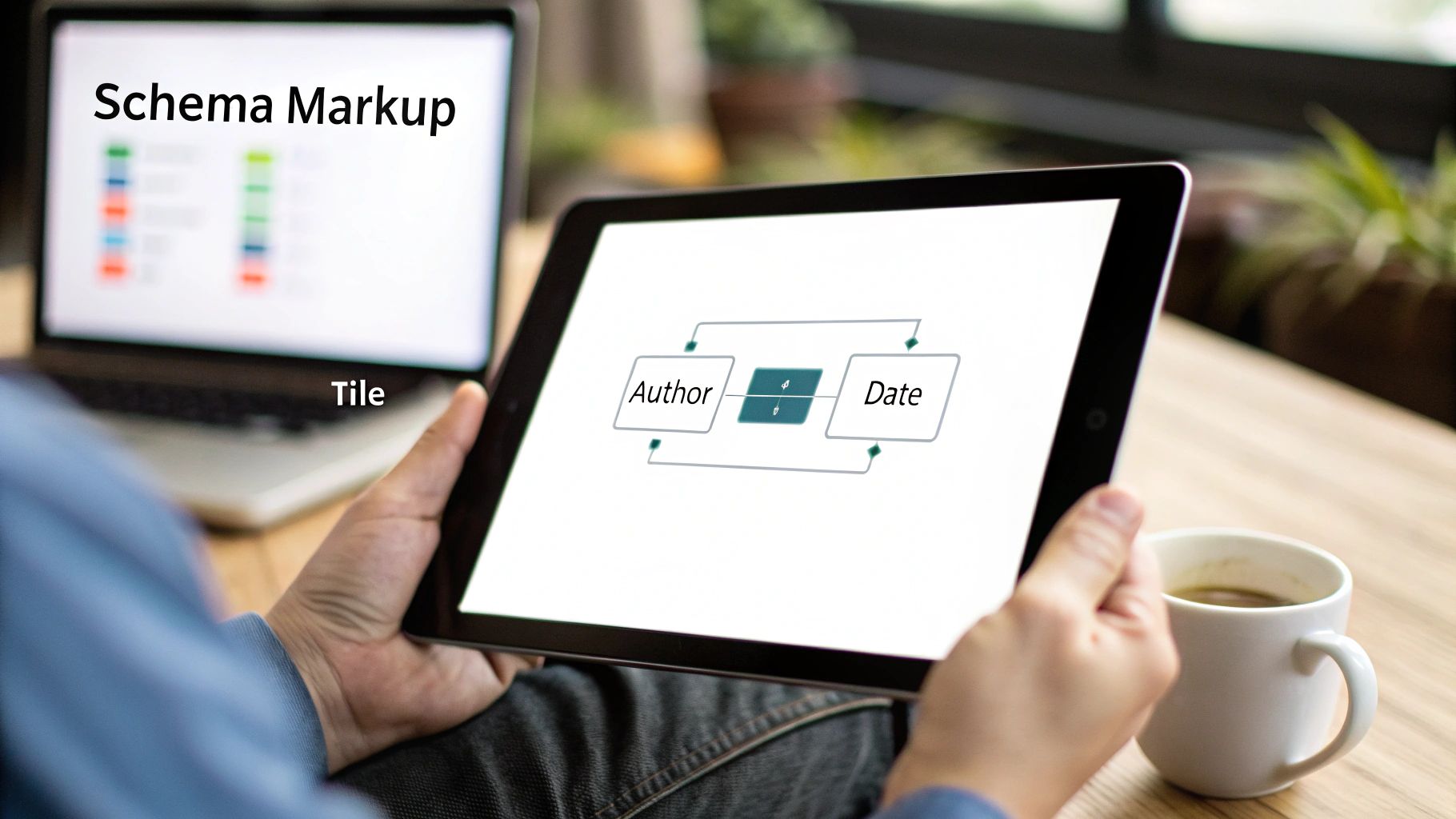 Hands holding a tablet displaying a data schema, with a laptop showing 'Schema Markup' in the background.