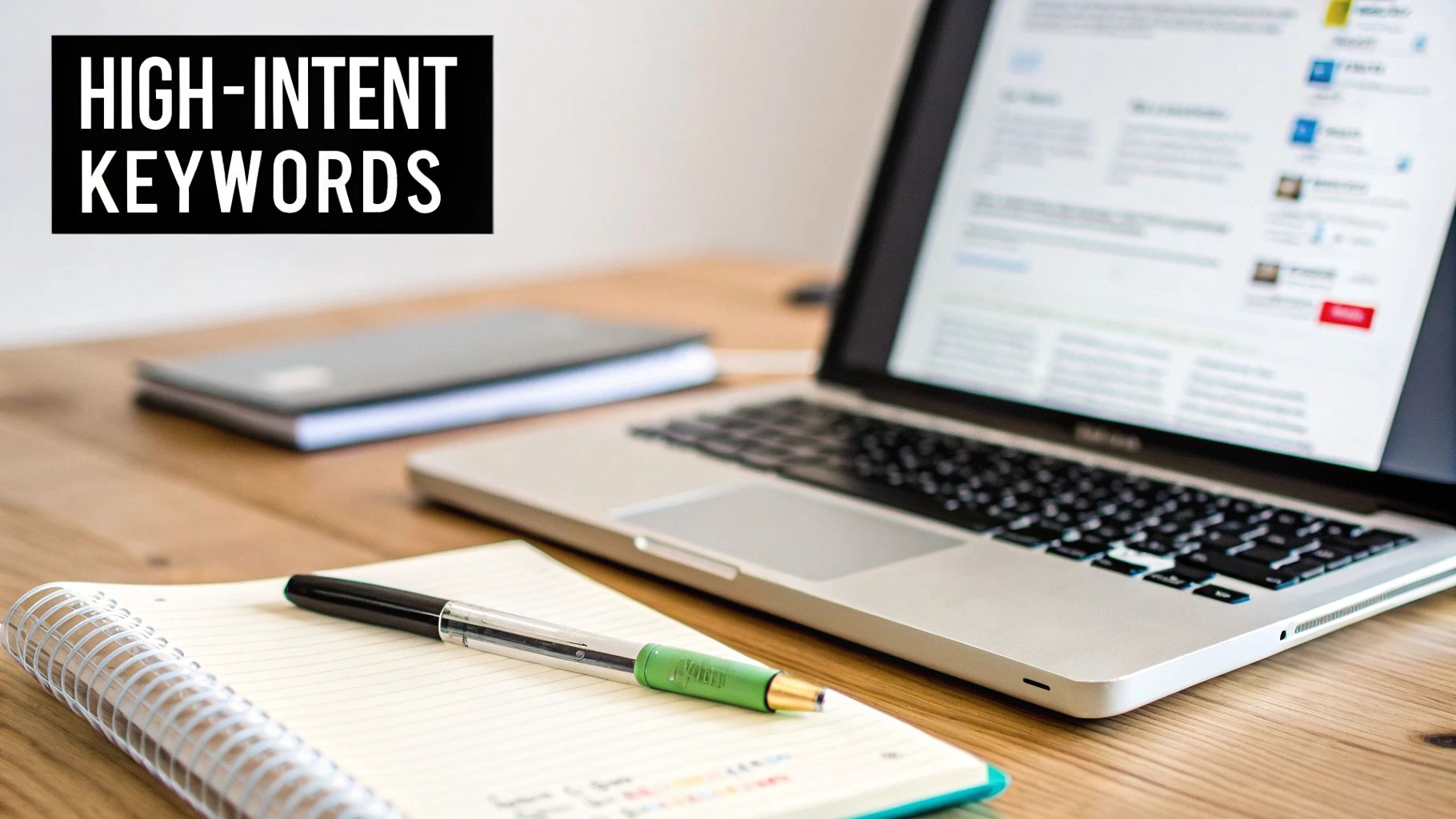 A work desk with a laptop, open notebook, and pen, with text 'HIGH-INTENT KEYWORDS' above.