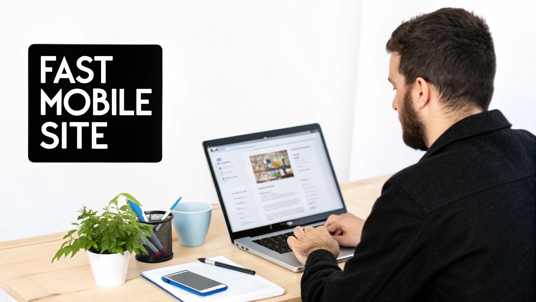 A person typing on a laptop at a bright desk, next to a prominent sign that says 'FAST MOBILE SITE'.