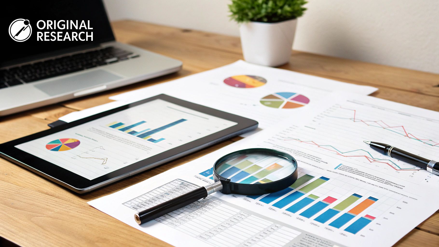 A business workspace showing laptop, tablet, charts, graphs, magnifying glass, and pen for data analysis.