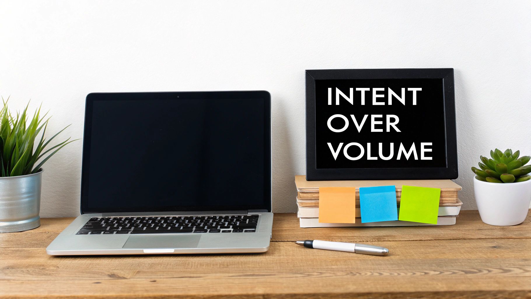A modern workspace desk with a laptop, two potted plants, and a framed sign stating 'INTENT OVER VOLUME'.