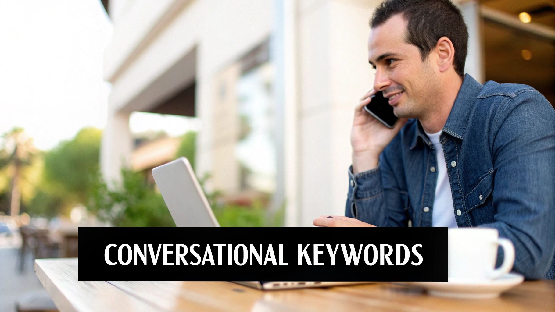 Smiling man on phone with laptop and coffee outdoors, highlighting conversational keywords.