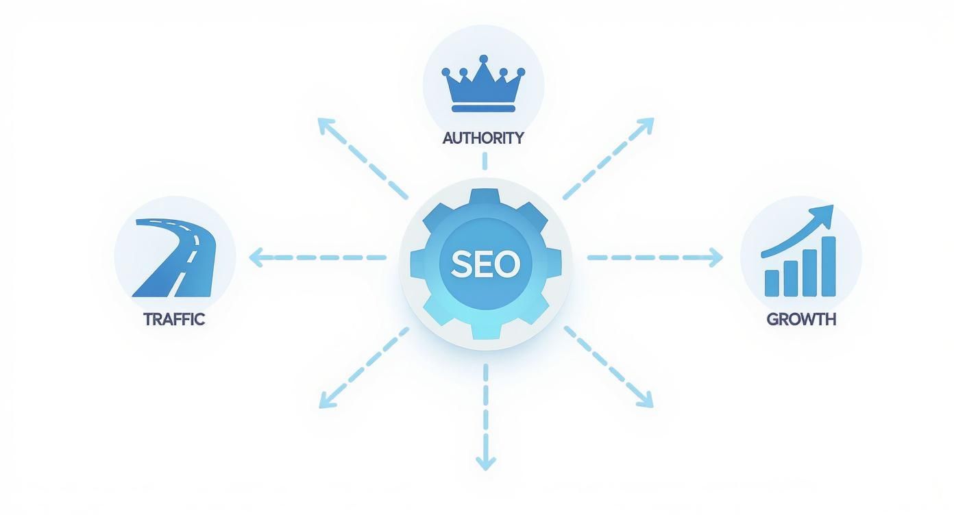 A diagram illustrating SEO, leading to traffic, authority (crown icon), and business growth.