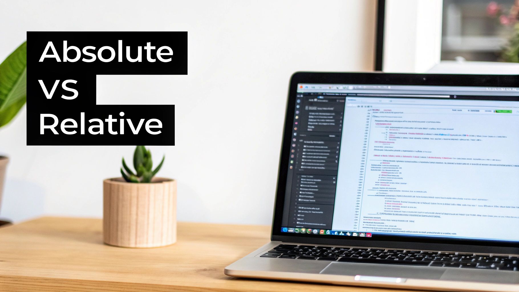 A laptop displaying code on its screen with a black text overlay 'Absolute VS Relative' on a desk with plants.