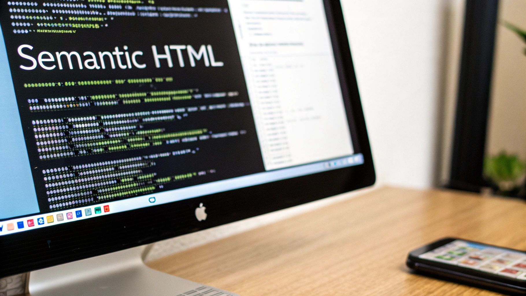 A close-up of a computer screen displaying "Semantic HTML" and code in a modern workspace.