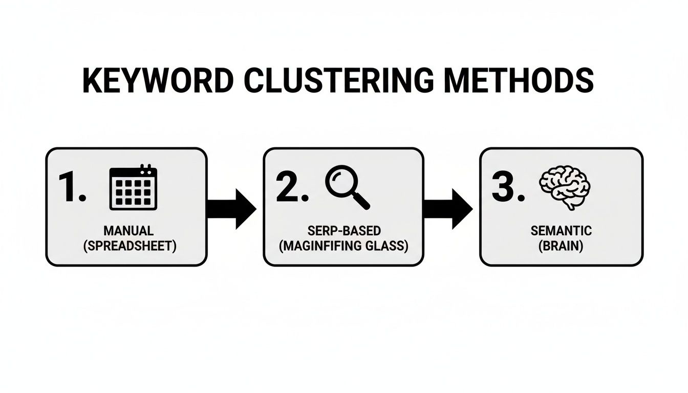 A flowchart illustrates three keyword clustering methods: manual, SERP-based, and semantic approaches.